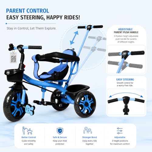 Image of MEA Kids Tricycle with Parent Push Handle for Toddlers|Baby Trike with Safety Guard Rail, Comfortable Cushioned Seat, Storage Basket & Footrest|Ride-On Cycle for Boys & Girls (Blue) (Without Canopy)
