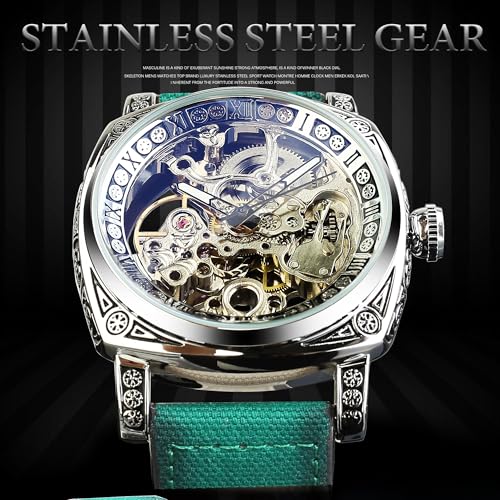 Image of FORSINING Fancy Watches for Men, Square Retro Mechanical Watch Self-Wind Carved, Gear Movement Golden Skeleton Automatic Watches Vintage Leather Strap Wrist Watch