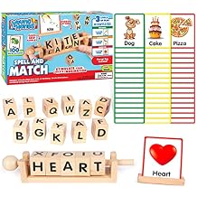 Wooden Reading Blocks - Spin, Spell & Match Words - 16 Alphabet ABC Blocks & 50 Cards with Images - Montessori Learning Reading Games Toy for Toddlers & Kids