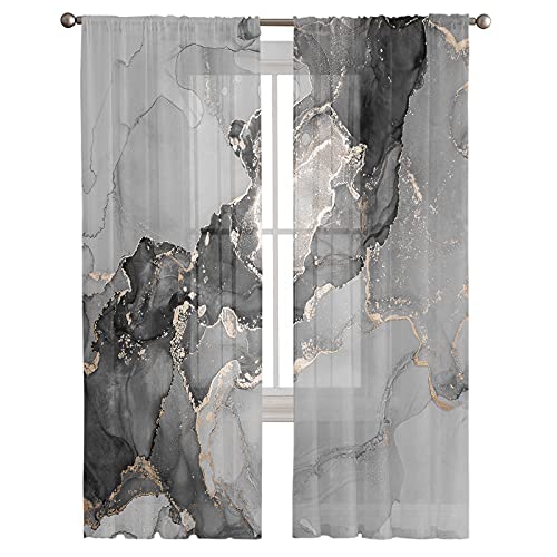 Amzricher Marble Sheer Curtains 84 Inch Length 2 Panels Set, Farmhouse Grey Black Golden Marble Modern Semi Transparent Voile Rod Pocket Curtains For Living Dining Room Bedroom Drapes 52X84X2 #TOP2