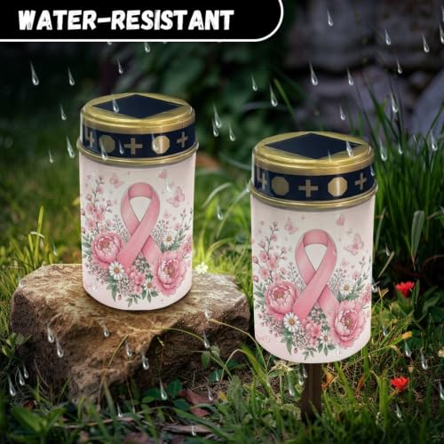 Image of Poceacles Cemetery Candle Grave Lights Outdoor Waterproof Decoration Pathway Lights Garden Solar Candle for Garden Lawn Decor, Pink Ribbon Floral Butterfly, Set of 2