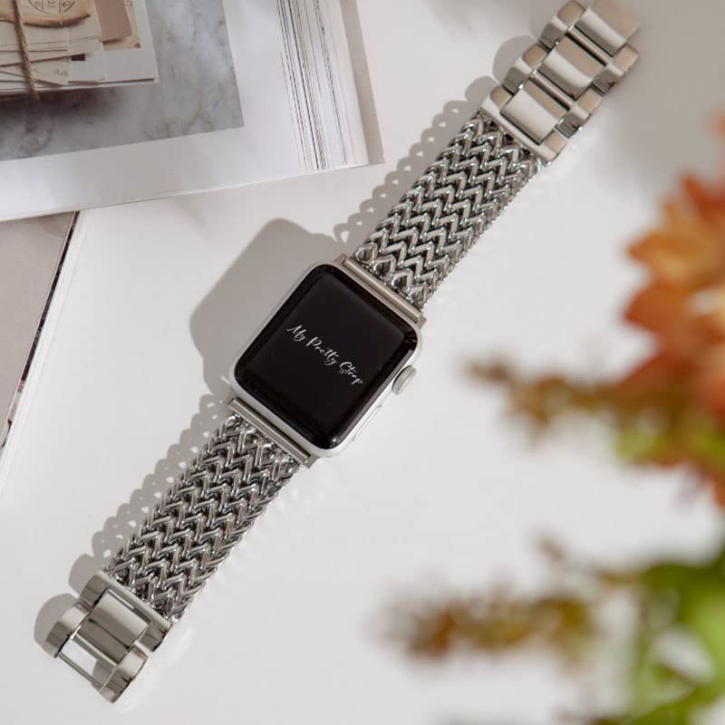 Image of My Pretty Strap - Compatible Apple Watch Band Strap, Stainless Steel Fashion iWatch Replacement Strap- Easy Resizing, No Tool Needed, Fits Most Wrists- Series 1-11, SE and Ultra