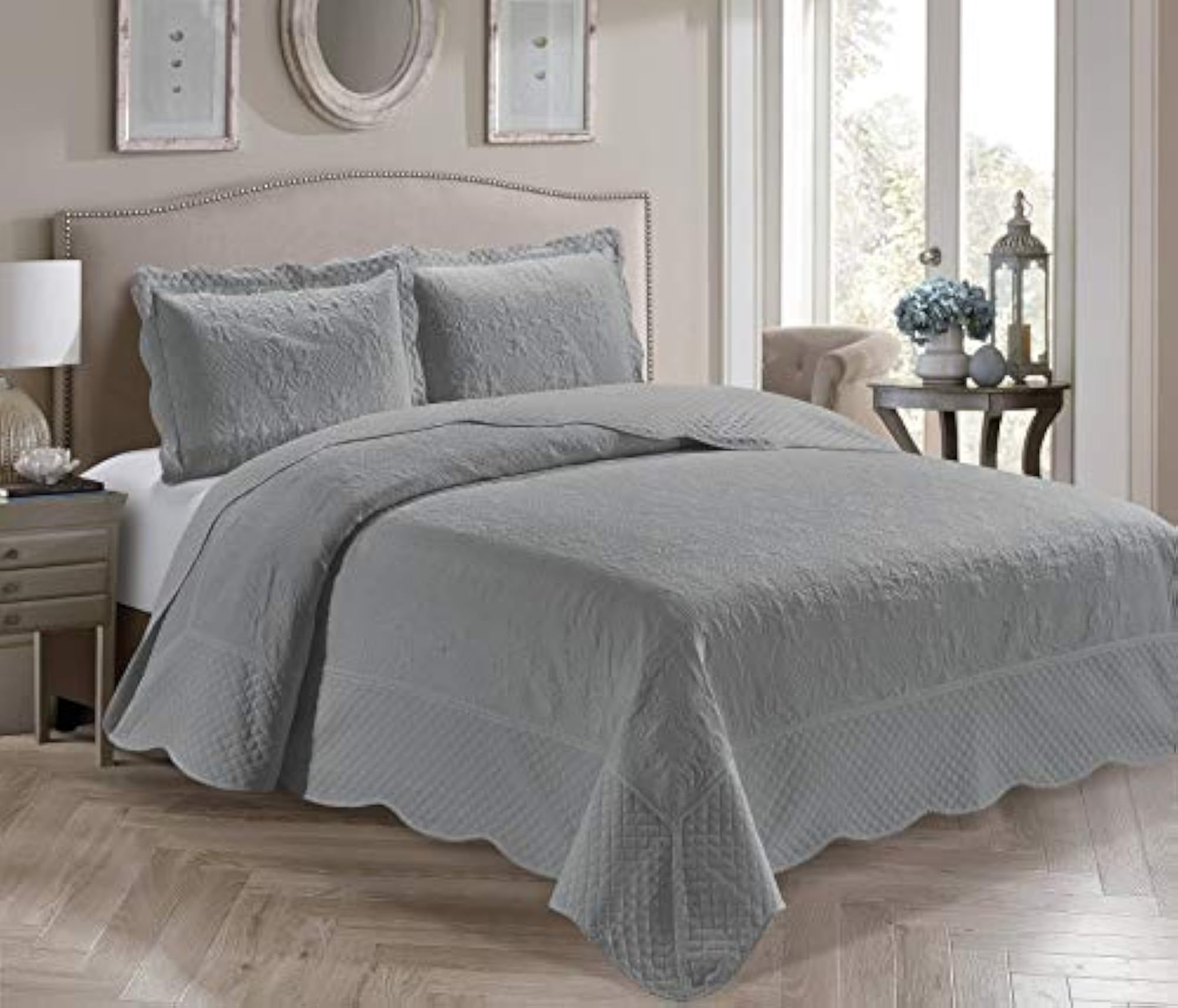 3 Piece Solid Grey King Quilted Coverlet Bedspread Set