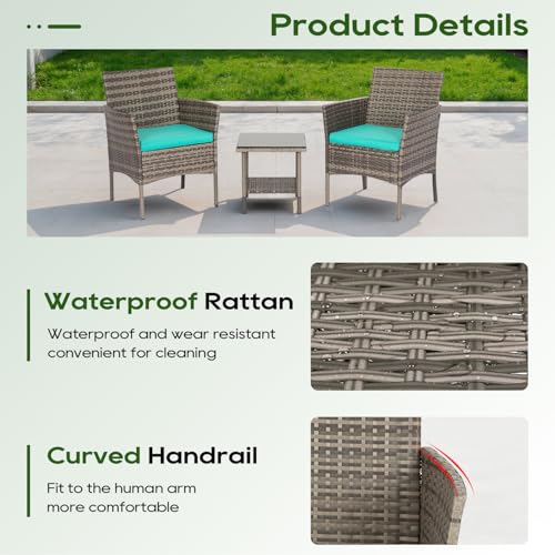 Image of FDW 3-Piece Patio Furniture Set | Gray & Blue | Outdoor Wicker Furniture