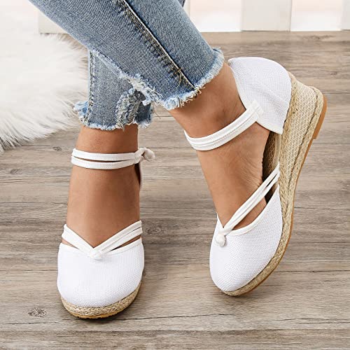 Womenyiaor Sandals for Women Dressy Summer, Women's Ankle Strap Closed Toe Espadrille Wedge Sandals Dressy Platform Wedge Sandals Casual Shoes (a-White, 10)