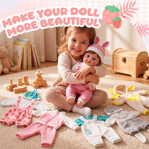 Image of Reborn Baby Doll Clothes Set for 18 Inch Colorful Babydolls Clothes Outfits Realistic Cute Strawberry Fruit Pattern Dress Accessories with Headband Bulk for Girl(Cartoon Print Set)