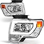 oEdRo LED DRL Headlight Assembly Compatible with 2009-2014 Ford F150, Headlamp Replacement w/Daytime Running Light Amber Reflector Chrome Housing Clear Lens - Pair Set