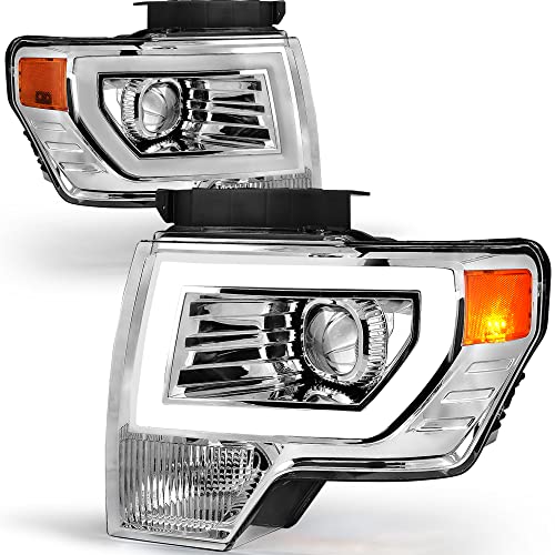 oEdRo LED DRL Headlight Assembly Compatible with 2009-2014 Ford F150, Headlamp Replacement w/Daytime Running Light Amber Reflector Chrome Housing Clear Lens - Pair Set