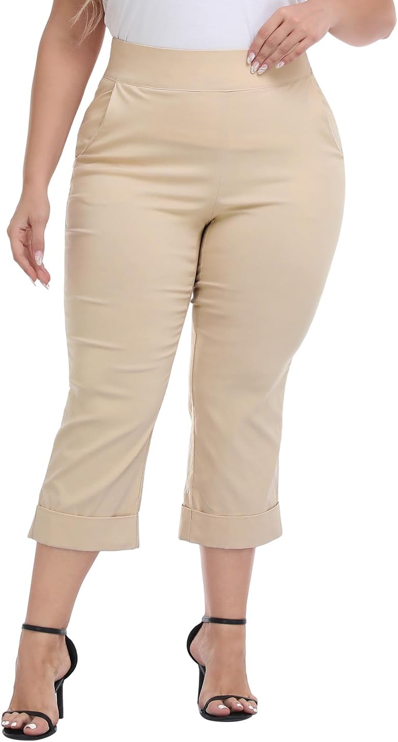Plus Size Pull On Capri Pants for Women Elastic Waist Work Casual Dress Cropped Pants with Pockets & Cuff - Image 5