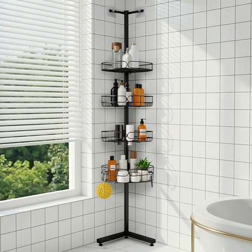 Marovitax Standing Shower Caddy Corner 4-Tier Adjustable Height Bathroom Organizer 6-Section Pole Sturdy Floor Standing Shelf for Shower No Drilling No Spring Tension