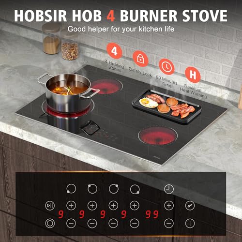 Image of Hobsir 30 Inch Electric Cooktop, 4 Burners Cooktop, Electric Stove Top Burner, 6800W Drop-in Ceramic Stove Top with Glass Metal Frame, Timer, Safety Lock, 220-240V, Hard Wired (No Plug) Cooktops