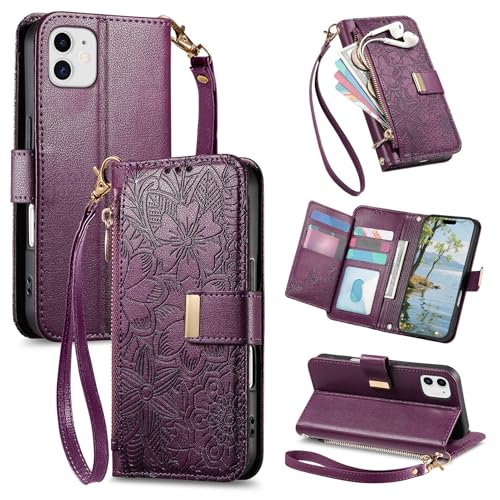 VEEMOS Phone Case for Apple iPhone 11 Case with Zip Wallet Purse Card Holder Slot Embossed Flower Design Folding Flip Cover Leather Stand Lanyard Wrist Strap Women - Purple