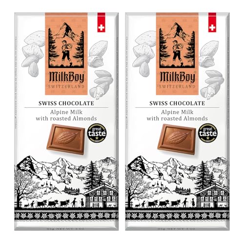 Milkboy Swiss Chocolates Almond Chocolate Bars - Premium Swiss Alpine Milk Chocolate with Almonds - All Natural, Gluten-Free, Non-GMO - Made in Switzerland, Kosher - 3 oz, Pack 2