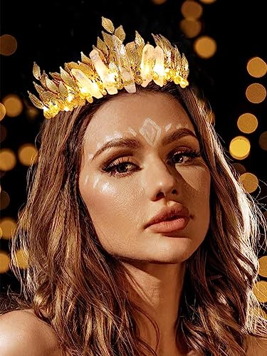 Catery Gold Leaf Headband Raw Crystal Quartz Headbands Light up Crown Headbands Gold Goddess Headpiece Bridal Headdress Festival Wedding Bride Hair Accessories for Women and Girls