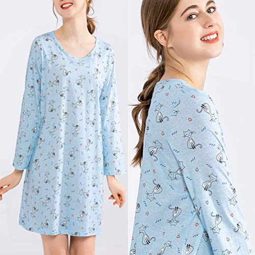 Women's Cotton Sleepwear Long Sleeves Nightgown Print Tee Sleep Dress (X-Large, Kitty)