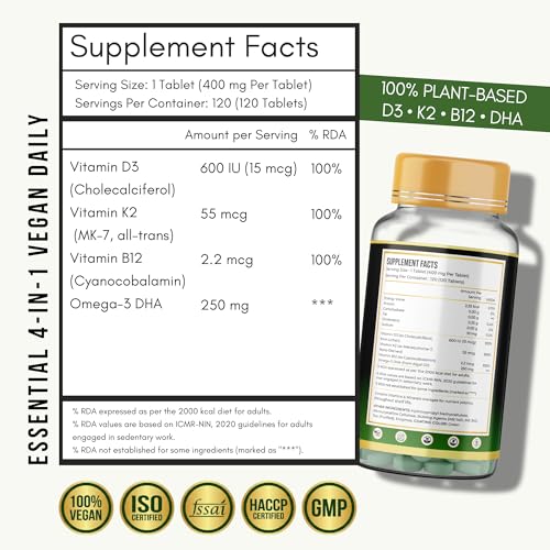 Image of Vegan D3 K2 B12 & Omega 3 DHA Tablets | 4-in-1 Daily Essential Supplement | Bone, Brain, Heart & Energy Support | D3 (Lichen) + K2 MK-7 (Natto) + B12 + 250mg Algal DHA | 120 Veg Tablets (120 Days)