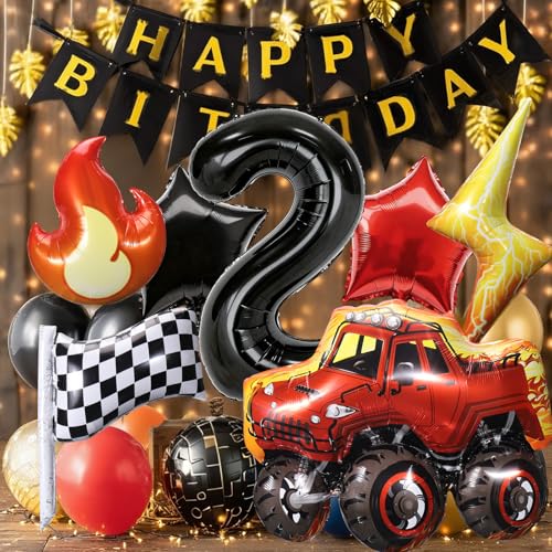 Truck Number 2 Balloons, Huge Truck Flags Lightning Flame Stars Aluminum Foil Balloons for 2nd Birthday, Race Car Theme Party Decorations Supplies — view 5
