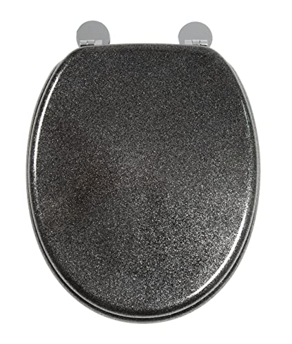 Croydex Black Quartz Flexi-Fix Toilet Seat - Adjustable Hinges with Top & Bottom Fixings Included and Rust Free Chromed Plated Hinge Covers, Antibacterial Treated Surface (Black)