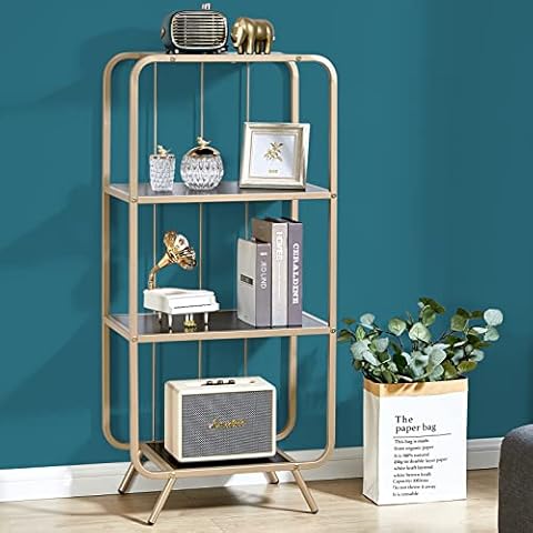 Saygoer Bookshelf, 3 Tier Modern Bookcase Stand Shelf Storage Organizer Display Rack for Small Spaces Metal Standing Bookshelves for Bedroom Living Room Home Office Easy Assembly, Black Champagne Gold Cover