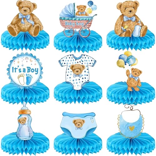 SHENGYIG Lot de 9 décorations de fête prénatale - Motif ours - Décoration de fête prénatale garçon - Mignon nid d'abeille - Avec instructions (français...