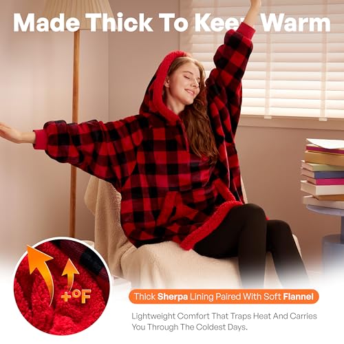 Image of Giggling Getup Wearable Blanket Hoodie for Women Men - Oversized Flannel Sherpa Fleece Sweatshirt Blanket with Giant Pocket & Sleeves - Cozy Warm Blanket Birthday Gifts for Adults Red Black Plaid