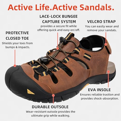 KOIMED Men's Hiking Leather Sandals Closed Toe Water Shoes For Summer Athletic Outdoor Walking Sports Trail River Fishing Wide Adjustable Waterproof Arch Support2