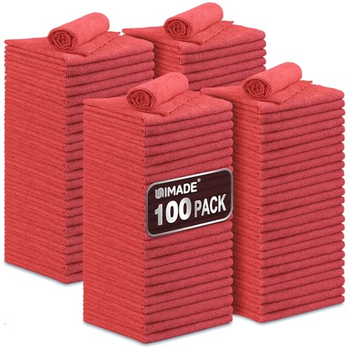 UNIMADE Shop Towels 100 Pack Commercial Grade Work Rags Microfiber Towels for Cars Cleaning Rag Bulk Detailing Cloth for Automotive Bar Mechanic Restaurant Garage Housekeeping 11.5x 11.5 Red