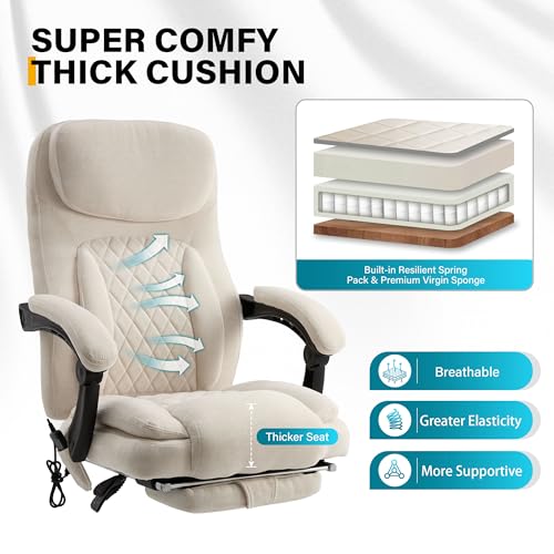 Image of 6-Point Massage Office Chair with Heated, Ergonomic Office Chair with Footrest & 45Reclining High Back, Big and Tall Executive Office Chair 500LBS, Thick Cushion Desk Chair for Home Office, Beige