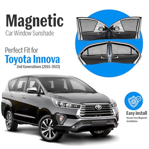 Image of Autofact Magnetic Car Sunshades Compatible with Toyota Innova Crysta (2016 to 2024) (Set of 4) - Easy Installation, UV Protection (Front 2 Half-Cut for Side Mirror Visibility, Rear 2 with Zippers)