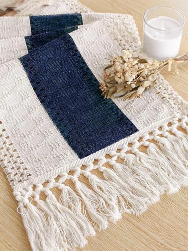 Chemin de table bleu avec pompons, écharpe de commode classique, déco table à manger 30x160 cm