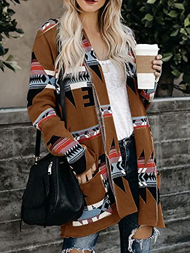 Women Boho Cardigan Aztec Open Front Long Sleeve Shawl Collar Sweater Coat4