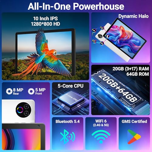 Image of Android 15 Tablet 10 Inch, 20GB RAM 64GB ROM 1TB Expandable, Fast WiFi 6 & BT 5.4 Tablets 5-Core, HD IPS Touchscreen, 8H+ Battery, Dual Camera Portable Tablet for Kids & Adults, Gift, Streaming -White