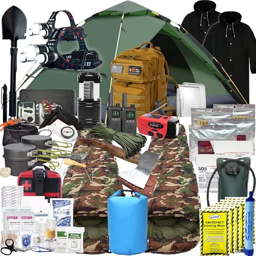 Foothills Survival 2 Person 5 Day Survival Backpack - Bug Out Bag Kit with Loaded Supplies - Go Bag Emergency Backpack with Tent, Food, Water & Gear - Wildfire, Flood & Earthquake Emergency Kit, Khaki