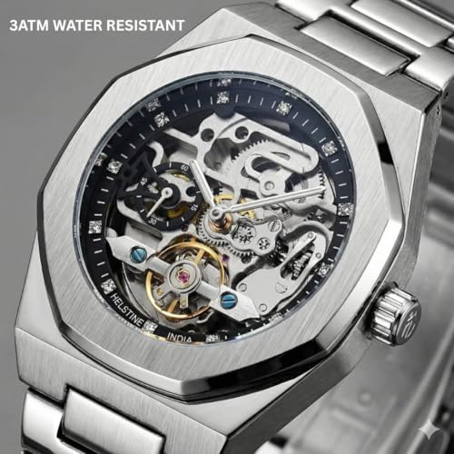 Image of Automatic Watch for Men | Skeleton Dial, Tourbillon Style Mechanical Movement | 48H Power Reserve | Stainless Steel Case & Bracelet | Hardlex Crystal | Luminous Hands | 3ATM Water Resistant | Butterfly Clasp