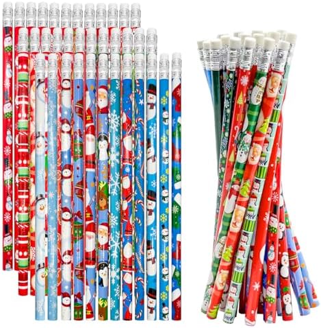 72 PCS Christmas Pencils with Eraser,Wooden Pencils,Christmas Themed Pencil with Santa Christmas Tree Snowman Elk and Snowflake for Kids Children Gifts Christmas Party Supplies