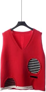 KHJH Womens Sweater Vest,Women Knitted Gilets Sweaters V Neck Literary Color Matching Striped Hole Knitted Waistcoats Casual Loose Autumn Winter Knitted Sleeveless Tank Jumpers Blouse