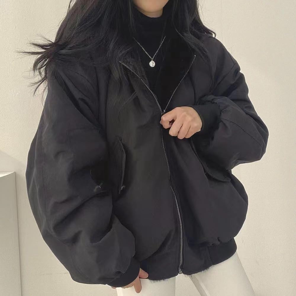 Sherpa kurtka dla kobiet nastolatków Odwracalna Y2K Zip Up Hood Fuece Furee Futro Zima Zełoty Płaszcz CuteCore Koreańskie ubrania, czarne, xxl