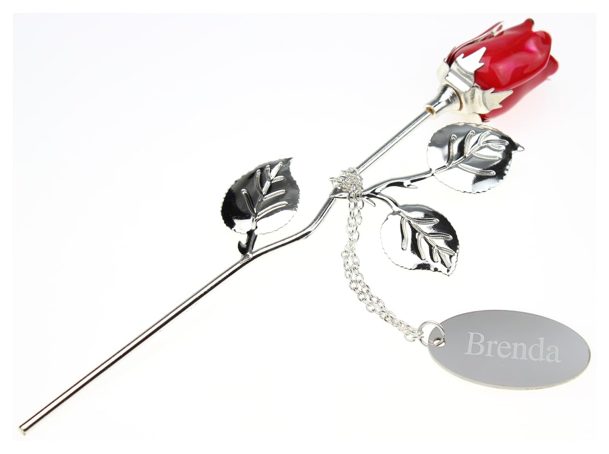 Go Find A Gift Red - 18Cm Personalised Engraved Silver Plated Red Rose With Personalised Tag Length 18Cm Valentines Birthdays Anniversaries