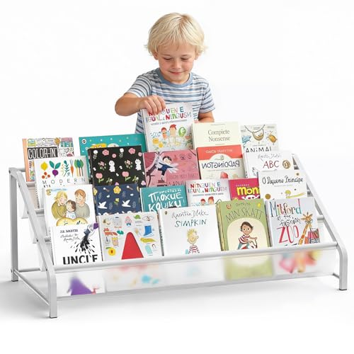 HAVEDAWN 4-Tier Toddler Bookshelf & Organizer - Sturdy Metal Book Rack for Kids Room - Montessori Front-Facing Display Stand High-Capacity Transparent Storage for Nursery & Playroom 32 Inch