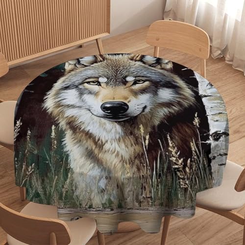 asbwuo Mantel Redondo rústico con diseño de Lobo, Lavable, con árboles y Fauna Silvestre, Ideal para Cocina, Comedor, Exteriores y decoración navideña. 50 Pulgadas.