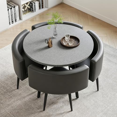 Essgruppe Set Tisch und Stühle Runder Esstisch mit 4 Stühlen Küchetisch aus MDF Tischplatte mit Gepolsterten Stühlen Tisch und 4 Stühle für Küche Wohnzimmer Balkon Restaurant (Rund Grau)