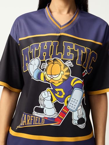 Image of The Souled Store Garfield: Women and Girls Short Sleeves V-Neck Purple and Black Graphic Printed Polyester Quick-Dry Breathable Streetwear Athletic Oversized Jersey