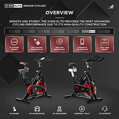JLL IC400 ELITE Indoor Bike, Direct Belt Driven Exercise Bike For Home, 20kg Flywheel, Friction Resistance, Monitor, Heart Rate Sensors, Adjustable Seat, 12 Months Domestic Warranty, Black and Red - Image 4
