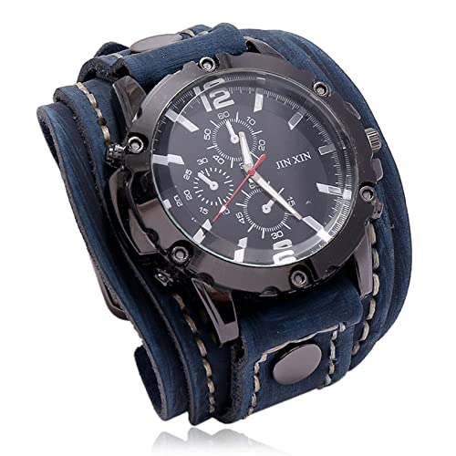 IOMOY Stilvolle Handgelenk Echtleder Uhr für Männer, Analog Armbanduhr Herren, Vintage Hand Stitching Wrap Armband, Geburtstag Geschenk für Ehemann Freund Kinder (Blue Retro) Cover