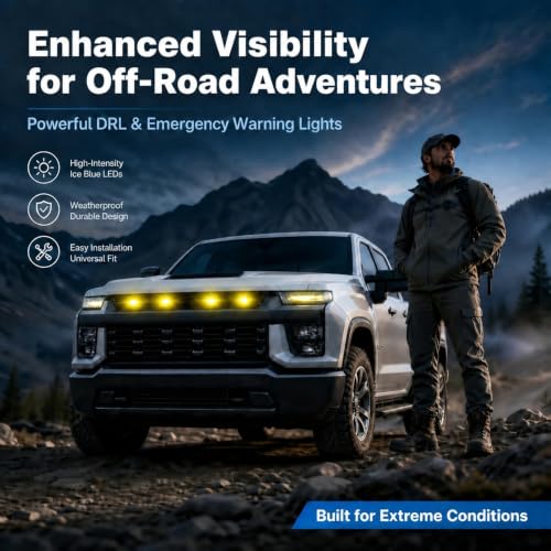 Image of Car Front Grill Set of 4 Pcs Universal Smoked Shell Style DRL Emergency Warning Off-Roading Lights (4 X 4) for All Cars, Vans, SUV, Trucks (Yellow)