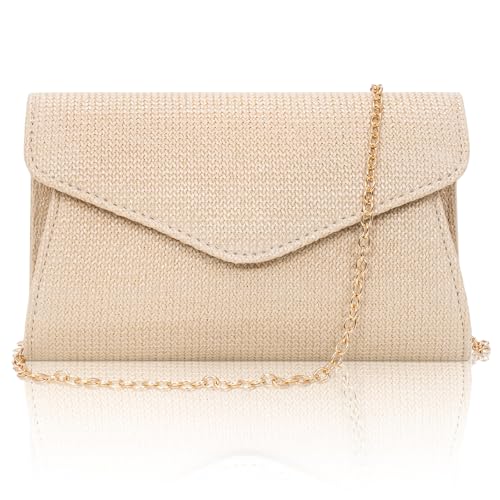 Toptime Stroh Clutch Damen Sommer Strand Handtasche Damen Klein mit Abnehmbarer Kette Elegante Umschlag Abendtasche Boho Geflochtene Umhängetasche Beige für Hochzeit Cocktail Party (Beige Feine)