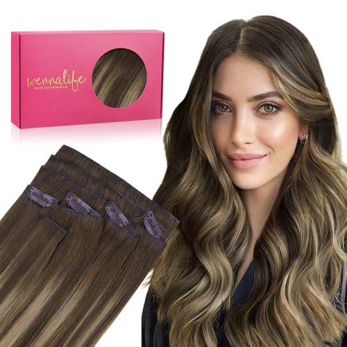 Image of WENNALIFE Invisible Edge Seamless Clip in Hair Extensions Real Human Hair | 20'' 150g 7pcs Balayage Chocolate Brown to Caramel Blonde. Ultra-Thin PU Weft, Easy Clip On Extensions, Comfortable