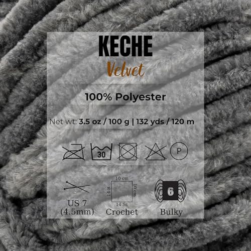 Image of Keche Velvet Yarn for Crocheting, Soft Chenille Bulky Baby Blanket Amigurumi Yarn 2x100 gr (2x132 yds) (2 Skeins) Dark Grey