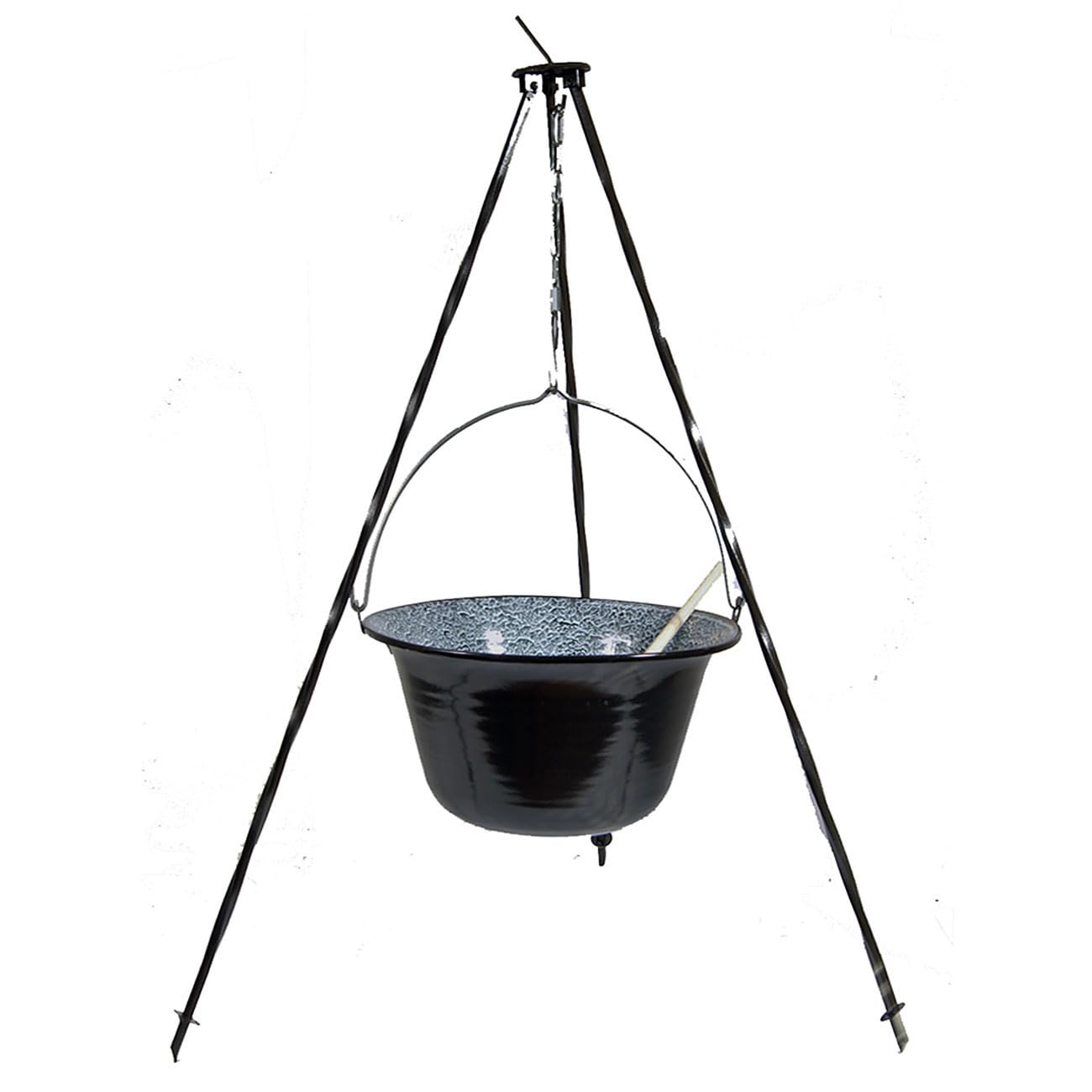 Set Ungarischer Gulaschkessel Emaille 10 Liter + Dreibein 1,0 m + Kochlöffel Suppenkessel Gulaschtopf Hordentopf
