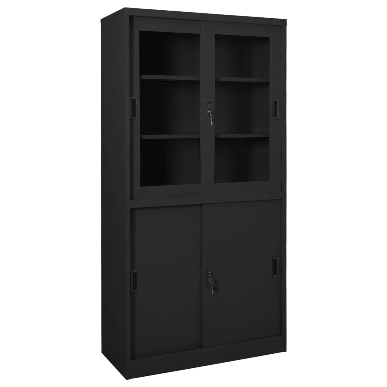 Gecheer Büroschrank, Schiebetür Stahlschrank mit 4 Türen und 3 einstellbaren Böden, 90x40x180 cm, Stahl und gehärtetes Glas für Büroorganisation und Dokumentenaufbewahrung